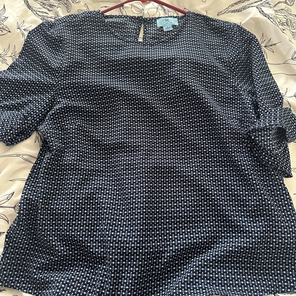 CeCe Blue Ruffled 3/4 Sleeve Boxy Blouse